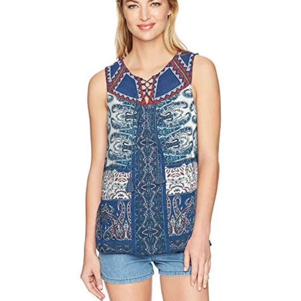 Lucky Brand Sz S BOHO Paisley Embroidered Red Blue Tassel Sleeveless Top Coastal
